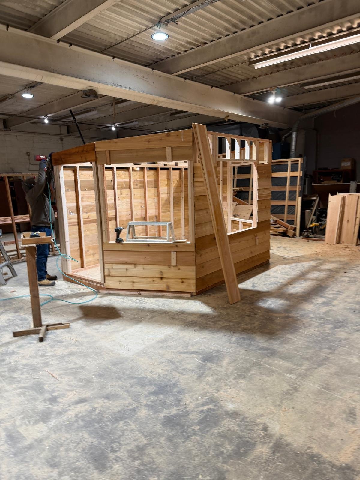 Cedar vendor stall with pitched roof